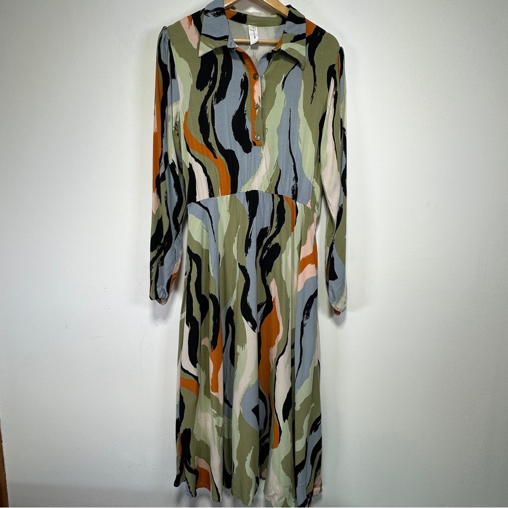 Melow Par Melissa Bolduc Abstract Shirt Dress Viscose Midi L Artsy Earth Tones